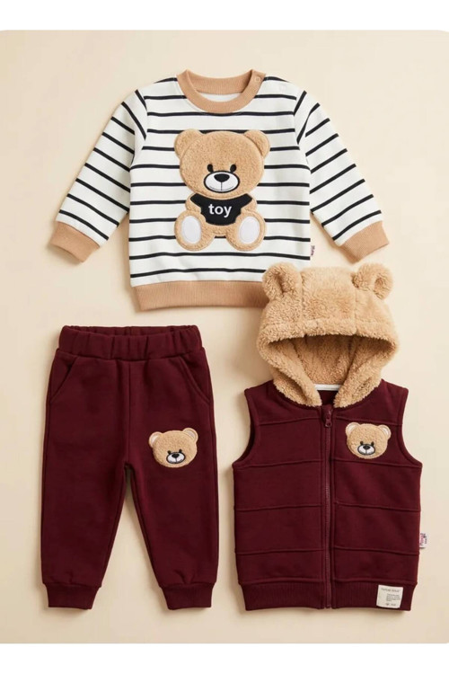 3'Lü Welsoft Bebek Takım Erkek Bebek Bear Nakışlı %100 Pamuklu 6-9-12-18-24 Ay Alt Üst Erkek Bebek Takımı