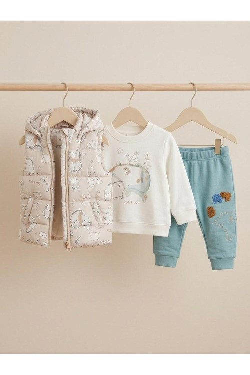 3'Lü Kapitone Unisex Bebek Takım 6-9 Ay 9-12 Ay 12-18 Ay Ayı Desenli Yenidoğan Bebek Takım Ayı Desenli Kapüşonlu Yelek+Uzun Kollu Çıtçıtlı Body+Pijama