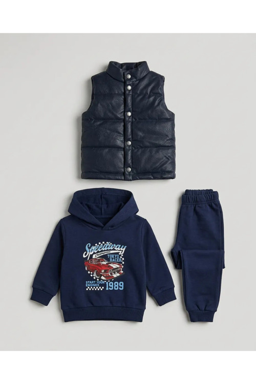 3'Lü Kapitone Baskılı Erkek Bebek Takım 6-9 Ay 9-12 Ay 12-18 Ay 18-24 Ay Yenidoğan Bebek Takım Yelek+Uzun Kollu Kapüşonlu Body+Pijama Kız Bebek Takım