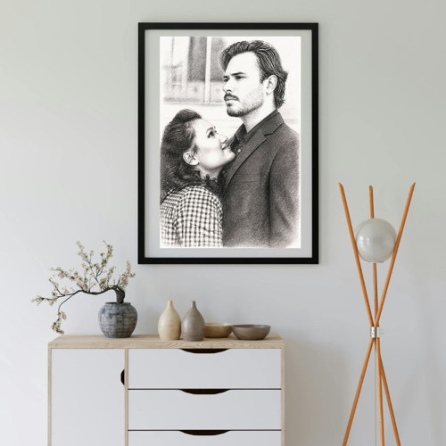 Sevgiliye Hediye Fotoğraftan Karakalem Resim Baskılı Yapışkanlı Çerçeve