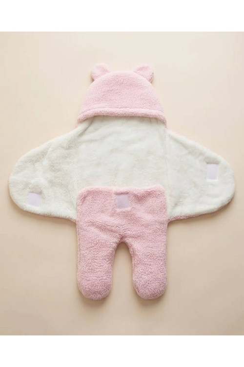 Kız Bebek 0-12 Ay İçi Elyaflı Peluş Welsoft Kulaklı Krem Dış Bebek Kundak & Battaniyesi Kışlık Uyku Tulumu