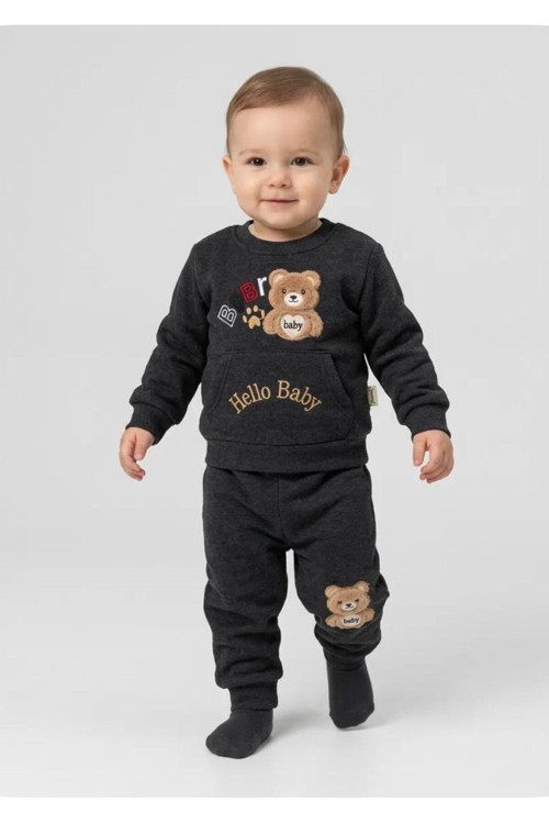 Unisex Bebek Hellobaby Bear Baskılı 3 İp %100 Pamuklu 6-9-12-18-24 Ay Alt Üst 2'Li Unisex Bebek Takımı