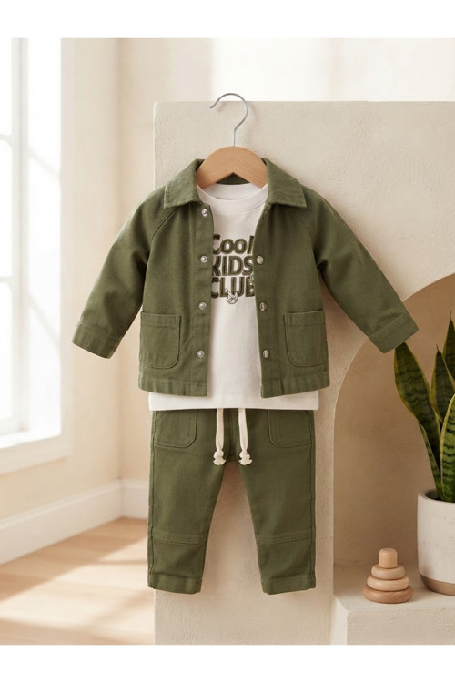 3'Lü Keten Sülfür Erkek Bebek Takım 6-9 Ay 9-12 Ay 12-18 Ay 18-24 Ay Beden Bağcıklı Pantolon+ Baskılı Uzun Kollu Body + Çıtçıtlı Ceket Yenidoğan Bebek Takım