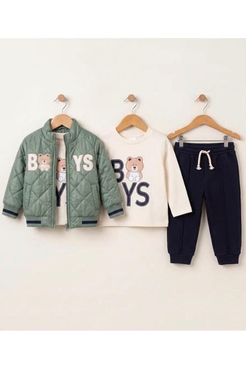 Boys Ayı Nakışlı Erkek Takım 6 Ay,12 Ay,18 Ay,2Y Erkek Bebek Takım 3'Lü Baskılı Mont+Basklı Uzun Kollu Body+ Pijama Yenidoğan Bebek Takım
