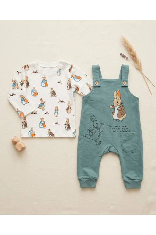İkili(2'Li) Yeşil Pamuklu Tavşan Desenli Unisex Bebek Tulum Ve Hayvan Desenli Erkek Bebek Tulumu Yenidoğan Kız Bebek Tulumu