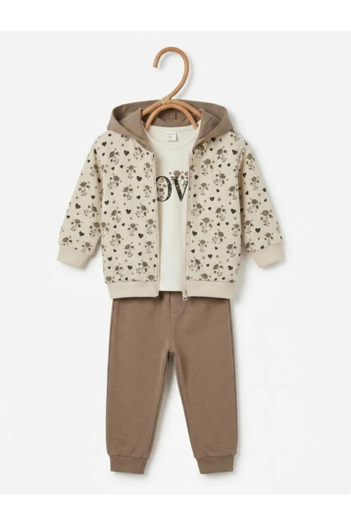 Çiçek Baskılı 3'Lü Kız Bebek Takım 6-9 Ay 9-12 Ay 12-18 Ay 18-24 Ay Kapüşonlu Hırka + Uzun Kollu Body + Manşetli Pijama Yenidoğan Bebek Takım Esnek Rahat
