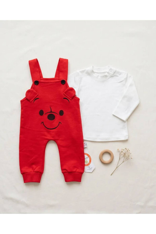 İkili(2'Li) Kırmızı Pamuklu Ayıcık Desenli Unisex Bebek Tulum Ve Hayvan Desenli Erkek Bebek Tulumu Yenidoğan Kız Bebek Tulumu