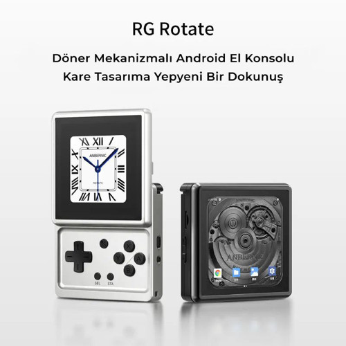 RG Rotate Döner Ekranlı Android Retro El Oyun Konsolu Gümüş - 3.5 İnç 720x720 Dokunmatik IPS Ekran Alüminyum Metal Kasa Unisoc T618 8 Çekirdek 3 GB RAM 32 GB PS2 WII 3DS Uyumlu Taşınabilir Oyun Cihazı