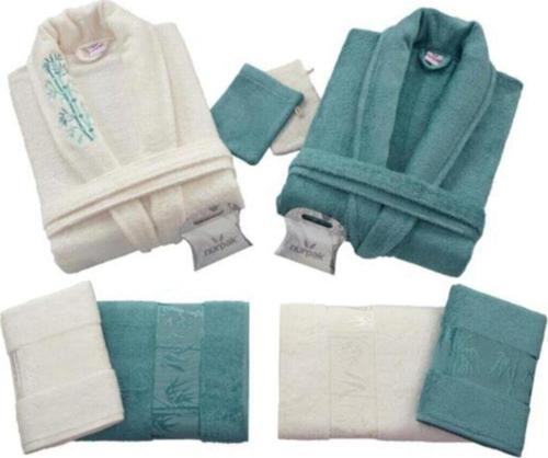 Bambu Aile Bornoz Seti (10 Parça) Krem-Petrol