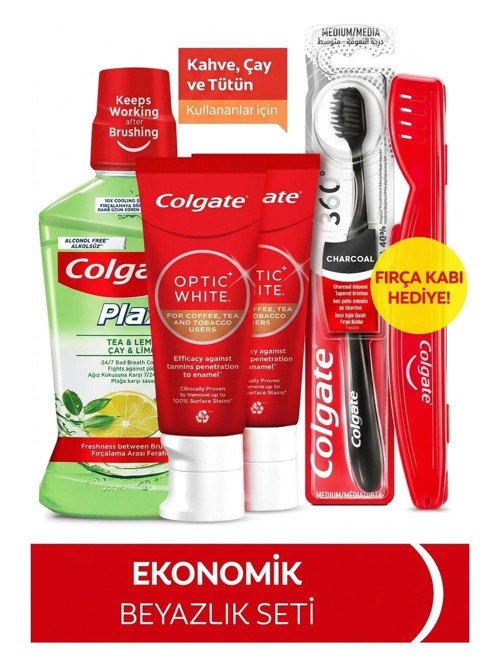 Optic White Kahve, Çay Kullananlar 50Ml 2'Li Diş Macunu, Orta Diş Fırçası, Ağız Bakım Suyu 500Ml+Fırça Kabı