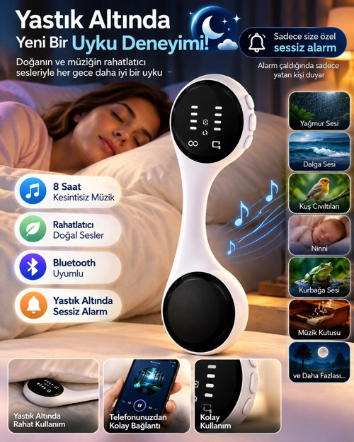Sessiz Alarm Bluetooth Uyku Hoparlörü Yastık Altı Kullanım Rahatlatıcı Sesler 8 Saat Kesintisiz Müzi