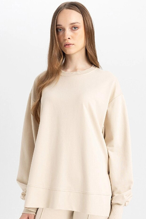 Regular Fit Bisiklet Yaka Basic Düz Sweatshirt Tunik