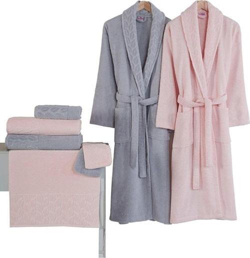 Hazal Aile Bornoz Seti (8 Parça) Gri-Pudra Nrpk000548