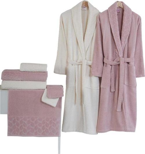 Hazal Aile Bornoz Seti (8 Parça) Krem-Mürdüm Nrpk000548