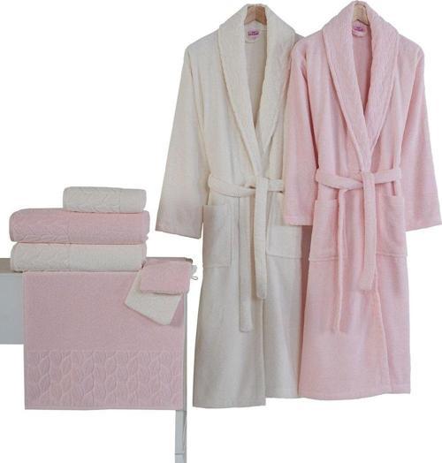 Hazal Jakarlı Aile Bornoz Seti, Pembe - Krem % 100 Pamuk