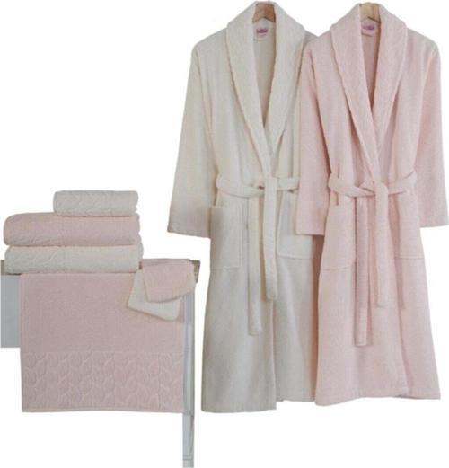 Hazal Kısmi Kdf Bornoz Seti 8 Parça (Krem-Pudra)