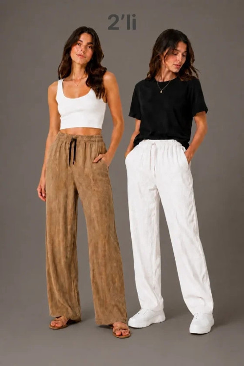 2li Bürümcük Kumaş Beli Lastikli Bağcıklı Bol Paça Pantolon Beyaz/Vizon
