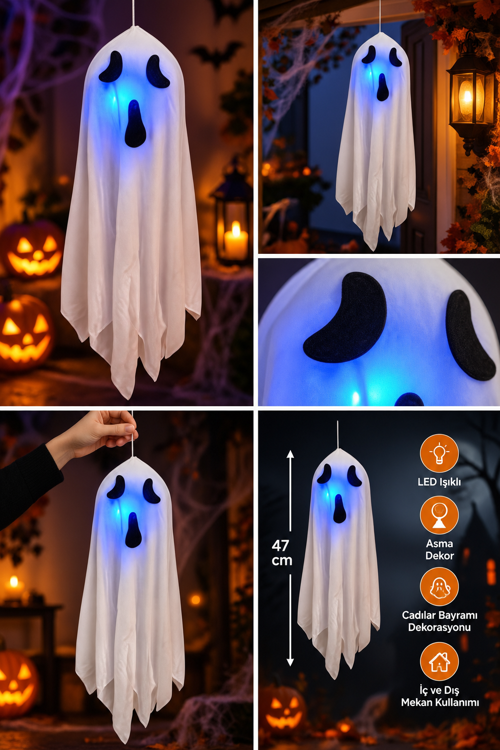Halloween LED Işıklı Asma Hayalet Süs 47 cm Beyaz Mavi Işıklı Cadılar Bayramı Parti ve Ev Dekoru