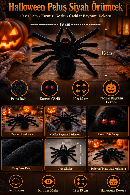 Halloween Peluş Siyah Örümcek Kırmızı Gözlü Cadılar Bayramı Masa Vitrin Parti Dekoru 19x15 cm