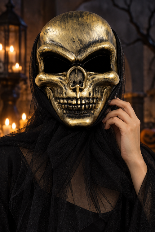 Halloween Kurukafa Maskesi Gold Arkası Tüllü Cadılar Bayramı Kostüm Parti ve Etkinlik Aksesuarı
