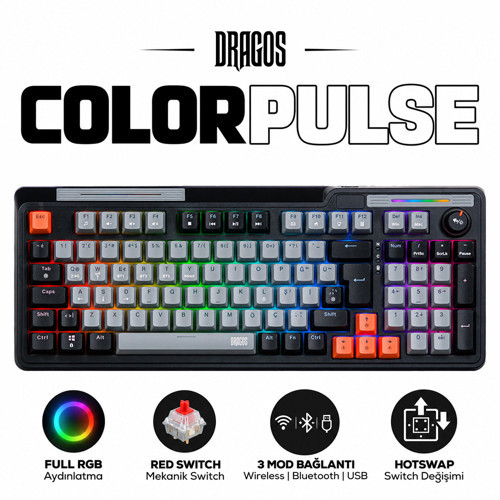 ColorPulse Siyah Gri Red Switch Hotswap Şarjlı USB Wireless Bluetooth Full RGB Oyuncu Mekanik Klavyesi