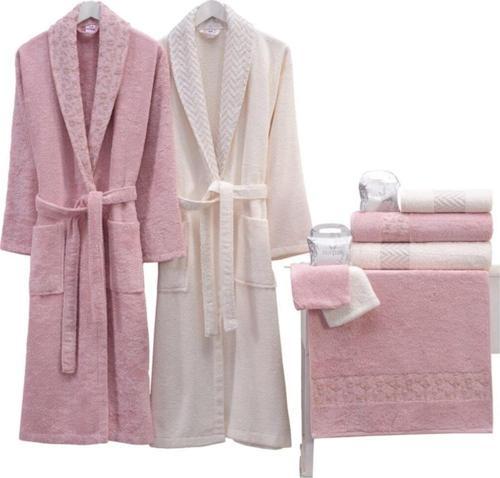 Yıldız Bambu Aile Bornoz Seti 10 Parça Krem Gül Kurusu