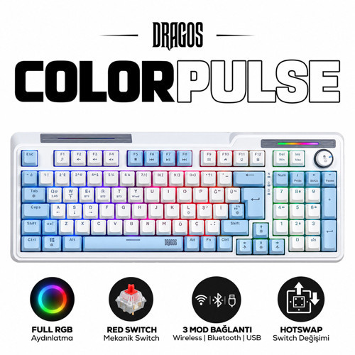 ColorPulse Mavi Beyaz Red Switch Hotswap Şarjlı USB Wireless Bluetooth Full RGB Mekanik Oyuncu Klavyesi