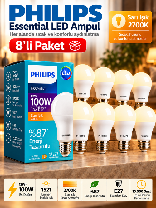 (8 Adet) 13W Sarı Işık (2700K) E27 Duylu (Kalın Duy) Led Ampul