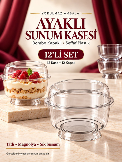 Ayaklı Bombe Kapaklı Kase 12’li – Şeffaf Plastik Tatlı, Magnolya ve Puding Sunum Kabı