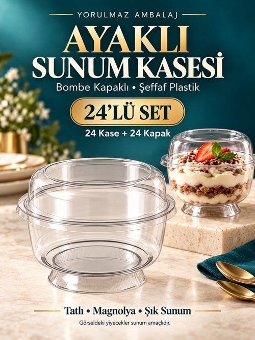 Ayaklı Bombe Kapaklı Kase 24’lü – Şeffaf Plastik Tatlı, Magnolya ve Puding Sunum Kabı