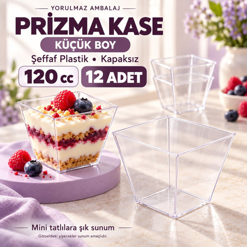 Prizma Kase 120 Cc 12’li – Kapaksız Şeffaf Plastik Kare Tatlı, Magnolya Ve Puding Sunum Kabı