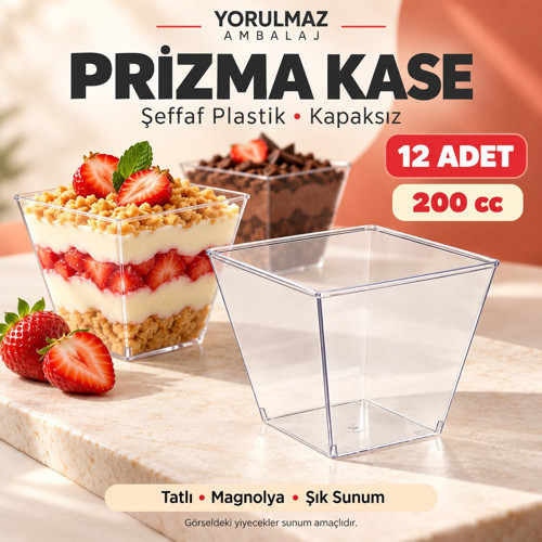 Prizma Kase 200 cc 12’li – Kapaksız Şeffaf Plastik Kare Tatlı, Magnolya ve Puding Sunum Kabı