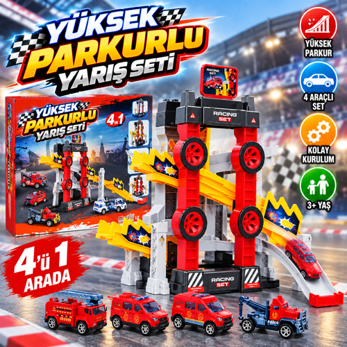 Yüksek Parkurlu 4'ü 1 Arada Yarış Seti – 4 Araçlı, Rampalı ve Engelli Pist, 3+ Yaş