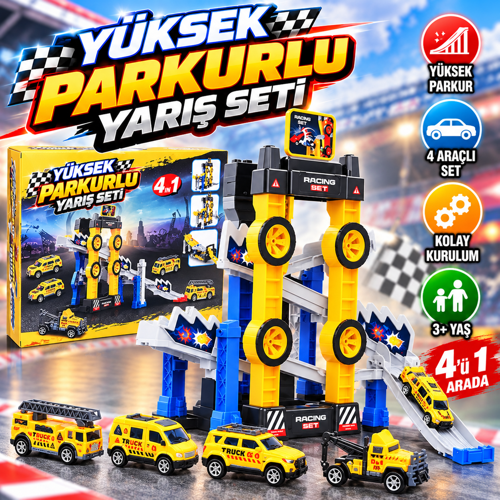 Yüksek Parkurlu 4'ü 1 Arada Yarış Seti – 4 Araçlı, Rampalı ve Engelli Pist, 3+ Yaş