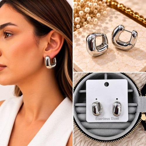 💎 Premium Parlak ve Şık Gümüş Renk Bombeli Oval Halka Kadın Çelik Küpe