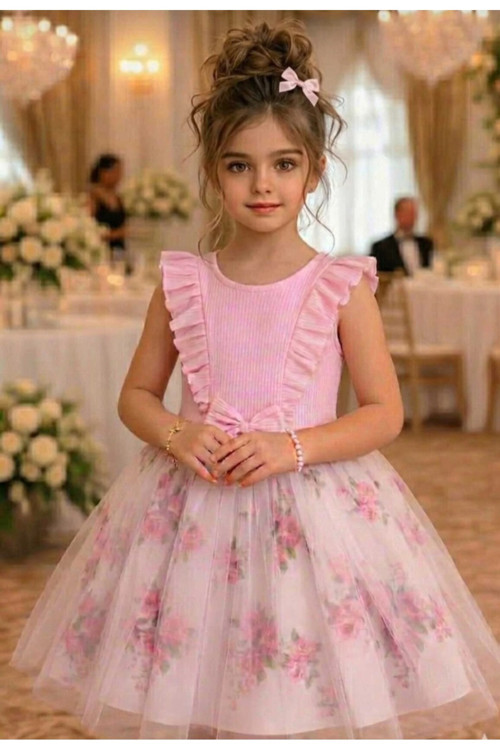 Kız Çocuk Toz Pembe Çiçekli Kısa Kol Kırmızı Tütü Kutlama Doğum Günü Abiye Prenses Şık Elbise