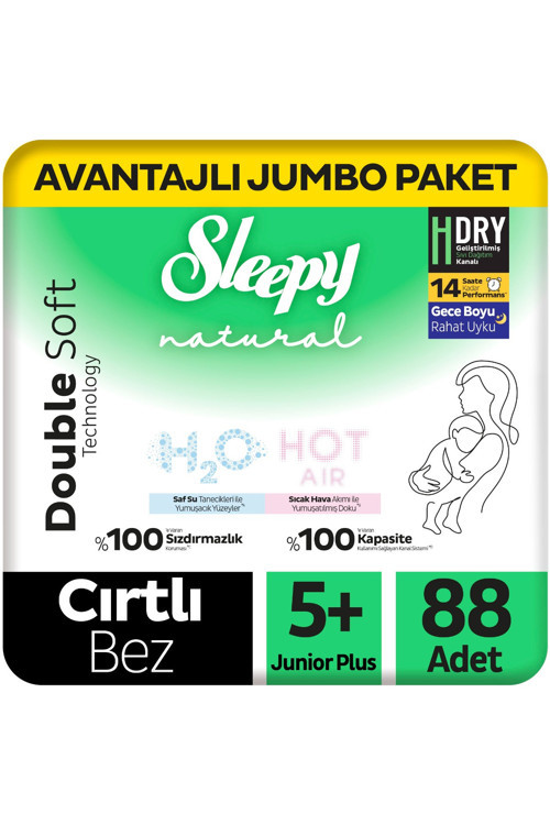 Natural Double Soft Avantajlı Jumbo Paket Bebek Bezi 5+ Numara Junior Plus 88 Adet