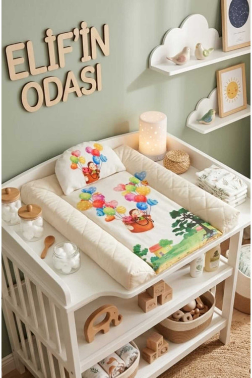 Bebek Beyaz Desenli Figürlü Yastıklı Pratik Alt Değiştirme Matı Minderi Alt Değiştirme Pedi Bakım Örtüsü