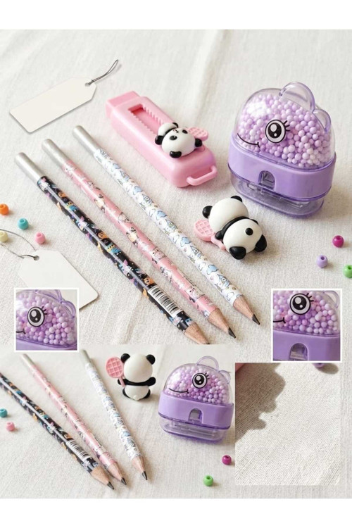 Kız Çocuk Mor Pembe Pastel Renkler Baykuş Kurşun Kalem Boncuklu Kalemtraş Sürgülü Silgi Okul Seti Doğum Günü Hediye Kutusu Hediye Okul Mini Kırtasiye Seti