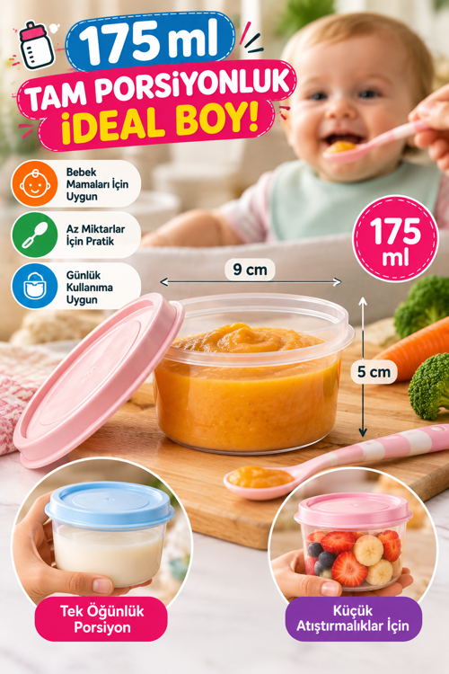 4'lü 175 ml Mama Süt Saklama Kabı Kapaklı Mini Gıda Püre Yoğurt Atıştırmalık Porsiyon Kabı Seti