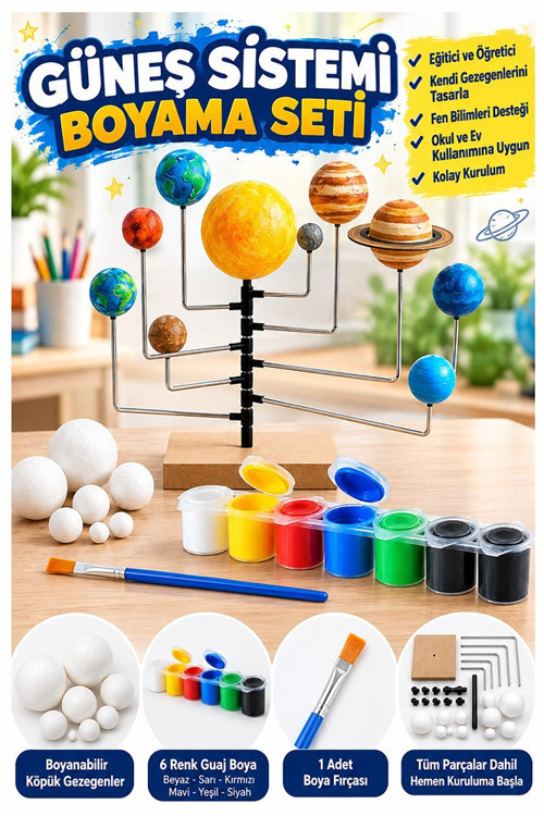 Güneş Sistemi Modeli 1 Paket Gezegenler Sistemi Strafor Köpük Top Maket Deney Fen Bilgisi 6 Renk Boya Fırça Okullar İçin