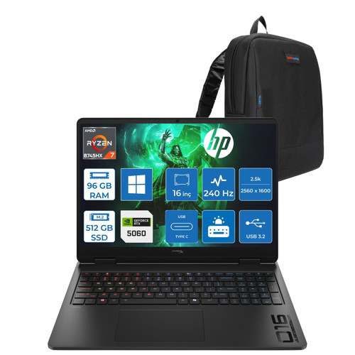 Hyperx Omen Amd Ryzen 7 8745HX 96GB Ddr5 512GB SSD Windows 11 Pro 8GB/RTX5060/GDDR7 16" 2.5k (2560X1600) 240Hz IPS 500NIT %100SRGB Oyun Bilgisayarı HRXD9CU3EAP37 + Zetta Çanta