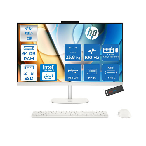 Omnistudio 24-CU0011NT Intel Core 5 120U 5.0 Ghz 64GB Ddr5 2tb SSD Freedos 23.8" Fhd (1920 x 1080) 100HZ IPS Beyaz All In One Bilgisayar HPD61Z2EAF23+ Zetta Bellek