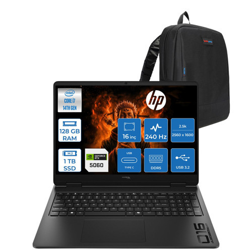 Hyperx Omen Intel Core I7-14650HX 128GB Ddr5 1tb SSD Freedos 8GB/RTX5060/GDDR7 16" 2.5k (2560X1600) 240Hz IPS 500NIT %100SRGB Oyun Bilgisayarı HRXD9CS9EAF43 + Zetta Çanta