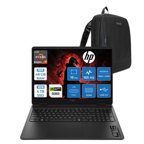 Hyperx Omen Amd Ryzen 7 8745HX 48GB Ddr5 4tb SSD Freedos 8GB/RTX5060/GDDR7 16" Wuxga 165Hz IPS Oyun Bilgisayarı HRXD9CU4EAF25 + Zetta Çanta