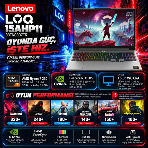 Loq 15AHP11 Amd Ryzen 7 250 128GB Ddr5 1tb SSD 8gb RTX5050 15.3" Wuxga IPS 165Hz Windows 11 Pro Oyun Bilgisayarı 883TN0097TRWP42