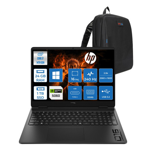 Hyperx Omen Intel Core I7-14650HX 24GB Ddr5 1tb SSD Windows 11 Home 8GB/RTX5060/GDDR7 16" 2.5k (2560X1600) 240Hz IPS 500NIT %100SRGB Oyun Bilgisayarı HRXD9CS9EAH08 + Zetta Çanta