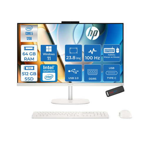 Omnistudio 24-CU0011NT Intel Core 5 120U 5.0 Ghz 64GB Ddr5 512GB SSD Windows 11 Pro 23.8" Fhd (1920 x 1080) 100HZ IPS Beyaz All In One Bilgisayar HPD61Z2EAP21+ Zetta Bellek