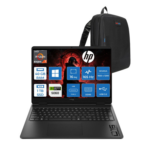Hyperx Omen Amd Ryzen 7 8745HX 40GB Ddr5 1tb SSD Windows 11 Pro 8GB/RTX5060/GDDR7 16" Wuxga 165Hz IPS Oyun Bilgisayarı HRXD9CU4EAP18 + Zetta Çanta