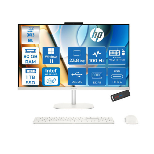 Omnistudio 24-CU0011NT Intel Core 5 120U 5.0 Ghz 80GB Ddr5 1tb SSD Windows 11 Pro 23.8" Fhd (1920 x 1080) 100HZ IPS Beyaz All In One Bilgisayar HPD61Z2EAP26+ Zetta Bellek